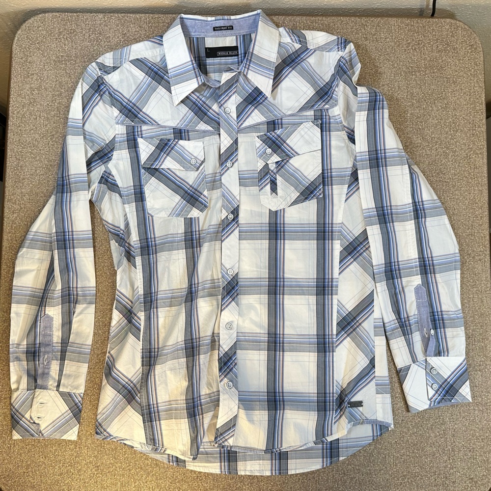 Buckle Black Mens LS Shirt Size L Large plaid white blue Tailored Fit Button Up